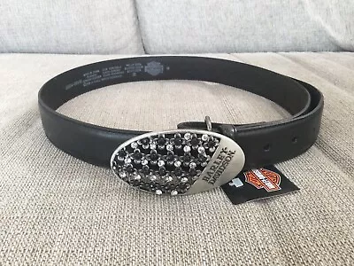 Genuine HARLEY-DAVIDSON Black Leather Belt (size M) With BLING Belt Buckle  NEW • $29