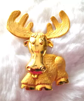 Vintage 1980's JJ Jonette Jewelry Satin & Shiny Gold Tone 2  Moose Brooch Pin • $15.92