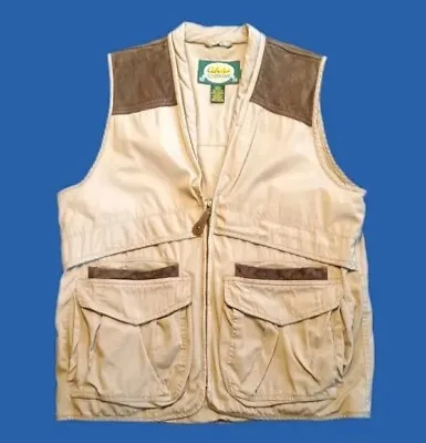 Mens M CABELA'S Fly Fishing Trout LINED MACHINE WASH Leather Trim Tan Cargo Vest • $24