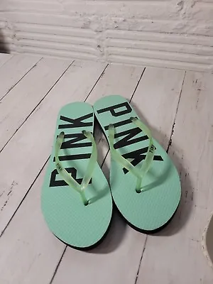 Victoria's Secret LOVE PINK Flip Flop Sandals  Mint Green Black Logo Women Sz Sm • $14.99