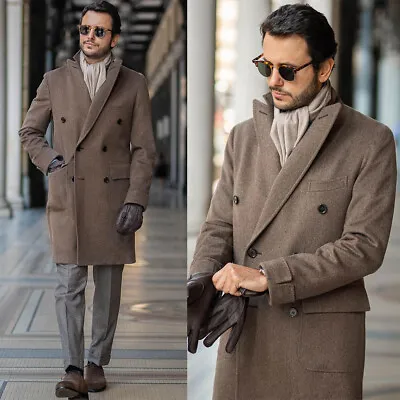 Brown Wool Blend Herringbone Coat Men Long Overcoat Double Breasted Business • $94.99