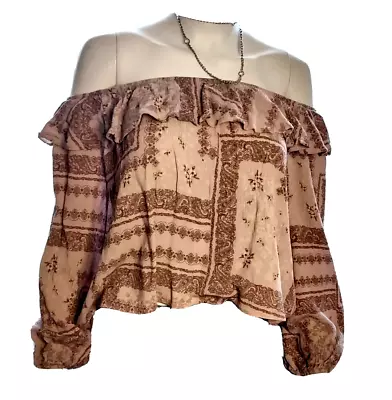 Dress Up Midriff Ruffle Collar Off-the-Shoulder Colors Rose & Brown Hippie Boho • $12.49