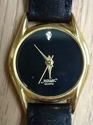 Xavier Women Gold Tone Quartz Wrist Watch W/CZ And Genuine Leather Band • $10