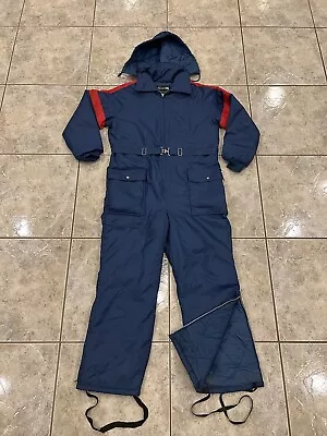 Vtg 80s Mens Medium SEARS Snowmobile Snow Suit Belted Ski Blue Coveralls Hooded • $39.99