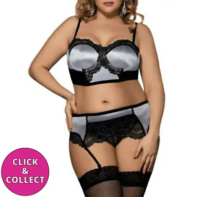 £9.99 • Buy Women Lace Push Up Bra And Panty Set 3 Piece Plus Size Lingerie With Garter Belt