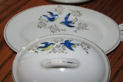 Child's Miniature Tea Set-3 Pcs Porcelain-blue Birds-red Japan-platter/casserole • $8