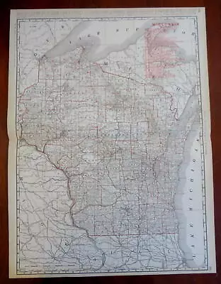 Wisconsin Railroads Green Bay Madison 1901 Rand McNally Large Transportation Map • $52