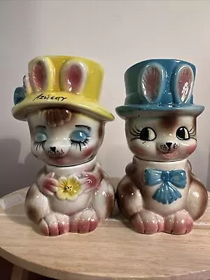 Anthropomorphic Vintage Canisters Kitschy Bunnies With Hats Coffee And Sugar .  • $40