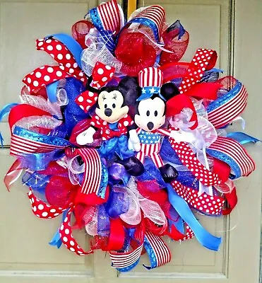 Large Handmade Patriotic Mickey And Minnie Mouse Door Wreath July 4th Decor  • $89.99