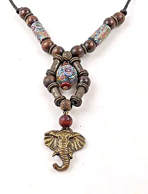 Vintage African Elephant Pendant Necklace Millefiori Trade Beads Wood & Metal  • $34.95