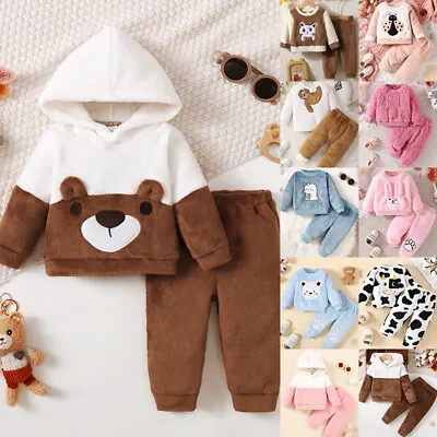 Toddler Baby Boys Girls Fleece Teddy Bear Tops Pants Outfit Set Kids Clothes PJs • £5.49