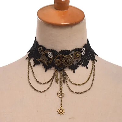 Vintage Gothic Steampunk Black   Choker Necklace Gear Pendant Chain Necklace • $11.99