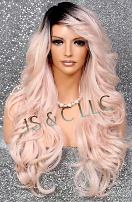 Full Human Hair Blend Wig Long Wavy Bangs Layered Heat OK Pink Mix RMVS • $89.94