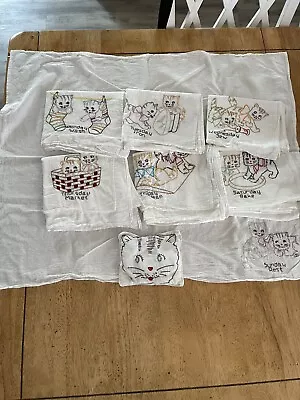 Lot Of 7 VTG Kitchen Dish Towels Days Of The Week Hand Embroidered - Cats • $25