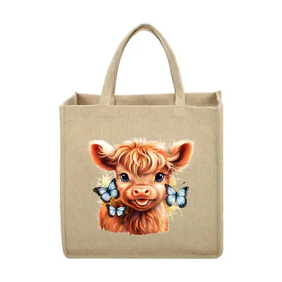 Personalised Cute Highland Cow Premium Linen Tote Bag Natural - 30 X 30 X 19 Cm • £10.90