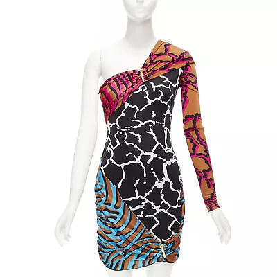 VERSACE Runway Mixed Giraffe Print Gold Logo Clip Body Con Wiggle Dress IT36 XXS • $498