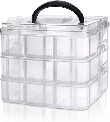 Adjustable 3-Tier Storage Box Stackable Multi Slot Plastic Craft Organizer Clear • £8.99