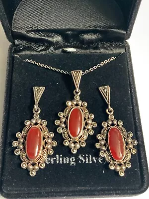 Vintage NEW Old Stock Sterling Cornelian & Mrcasite Necklace &Earrings Set • $35