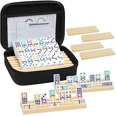 Uvcany Mexican Train Dominoes Set With Numbers And 8 Wooden Trays/Racks Double • $70.87