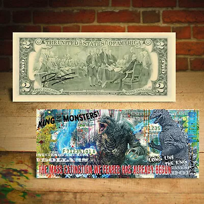 GODZILLA King Of The Monsters $2 U.S. Bill Pop Art HAND-SIGNED By Artist Rency • $26