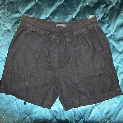 M&S Shorts Black Cotton Linen Uk 12 Drawstring Elastic Waist Beach Summer Pants • £9.99