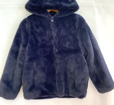 ZARA Girls Navy Blue Faux Fur Hooded Jacket Zip Up Pockets Size 13-14 • $29.95