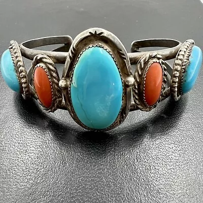 LARGE Vtg Native American Turquoise Mediterranean Coral Sterling Cuff Bracelet • $379.99