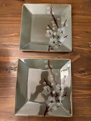 Pier 1 Tranquil Cherry Blossoms Square Dinner Plates Stoneware 10 5/8  Set Of 2 • $45