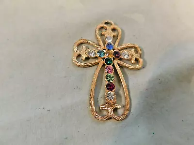 VTG Gold Tone Cross W/ Multi Color Stones Pendant • $4