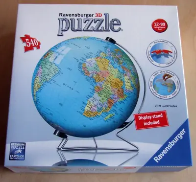 The Earth Globe 3D Jigsaw Puzzle W/ Stand – 540 Piece ⌀22cm – Ravensburger 2012 • $59.51