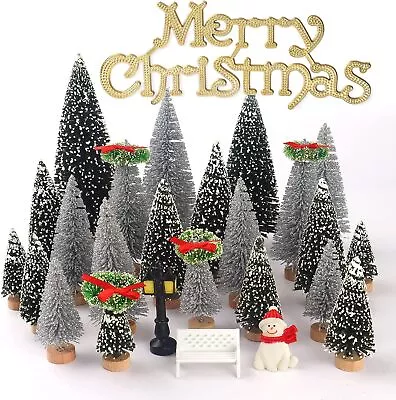 Mini Miniature Christmas Pine Bottle Brush Trees Wooden Bases Village Desktop • $39.60