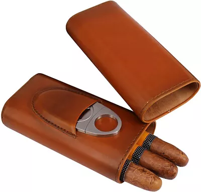 Cigar Case With Cutter Cigar Travel Case 3-Finger Leather Cigar Carrying Case Wo • $15.99