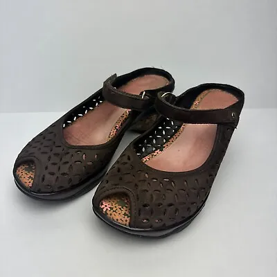 Jambu Adventure Brown Clog Sandal Sz 41 US 10.5 Wedge Mary Jane Peep Toe Leather • $20.99