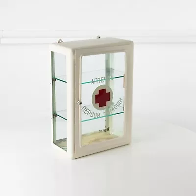 Vintage Glass Bathroom Cabinet Medicine Wall Cabinet Red Cross First Aid Kit • $289