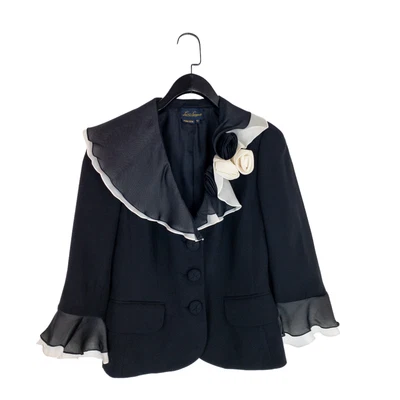 £29.99 • Buy Luisa Spagnoli Pure Silk Black Ivory Asymmetrical Rose Ruffle Blazer - Size 10