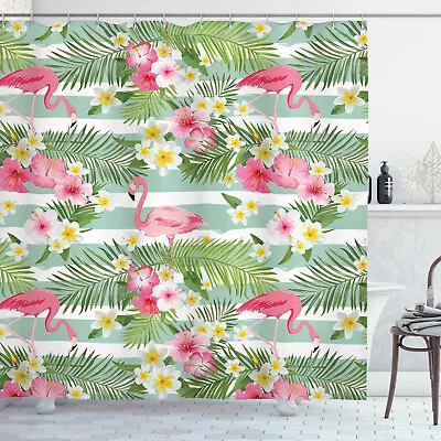 Flamingo Hawaiian Leaves Flowers Vintage Stripe Background Shower Curtain Set • $9.99