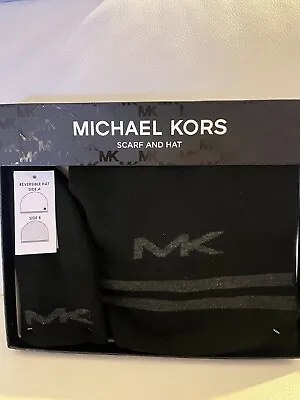 Nwt & Boxed Mens Michael Kors Scarf Reversible Hat Set Beanie Logo Black Grey • $29.99