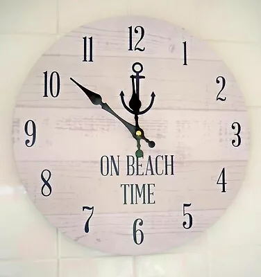 Round Wooden Wall Clock 'On Beach Time' Hanging Wall Clock 34cm Wide • £6.95