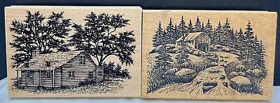 Stampscapes CABIN & OLD MILL Large Landscape 141G Rubber Stamps Lot Of 2 • $24.98