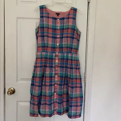 Talbots Dress 10P Madras Plaid 100% Cotton Button Sleeveless Pockets Fully Lined • $35.19