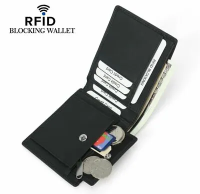 $15.95 • Buy Mens Wallet Black RFID Blocking Bifold Genuine Leather Coin Compartment Pocket