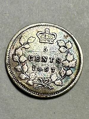 1897 Canada 5 Cents Queen Victoria Canadian (.925) Silver Coin KM#2 Toned • $19.99