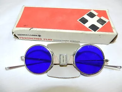 Vtg Welding Glasses Blue Lens Safety Steampunk Cosplay BAUSCH & LOMB Box • $29.95