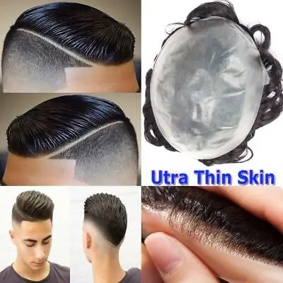 Fine Mono Mens Toupee Hairpiece Poly Skin Human Hair Replacement System Wigs US • $33.77