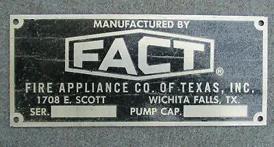 VINTAGE FIRE APPLIANCE CO OF TEXAS FACT WICHITA FALLS FIRE TRUCK ID PLATE Or TAG • $25.99