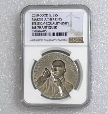 2010 Cook Islands $5- MARTIN LUTHER KING  NGC MS70 ANTIQUED Silver Coin • $328.88