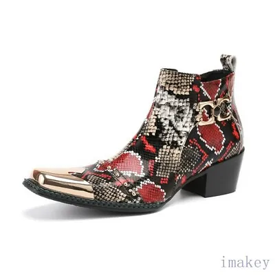 Mens Metal Pointy Toe Chunky Party Snakeskin Real Leather DJ Ankle Boots Shoes L • £114.47