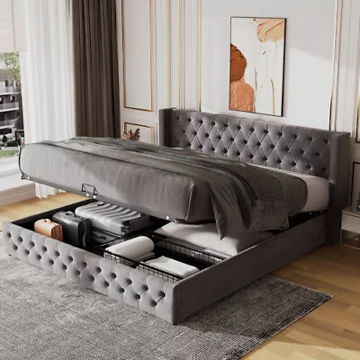 Modern Upholstered Bed Velvet Storage Beds Double Bed Frames Bedroom Furnitures • £359.99