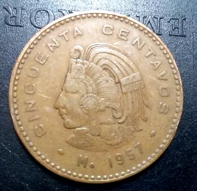 1957 Mexico 50 Centavos - Bronze  $0.50 Mexican Coin - Cuauhtemoc CIR • $3.90