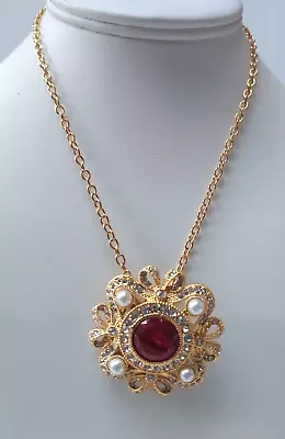 Pretty Round Red Crystal With Clear & Pearl-like Accents 16 Inch Goldtone Chain • $15